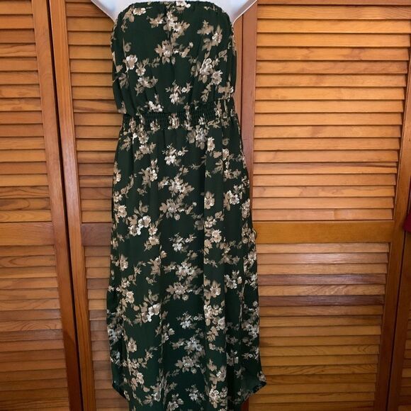 NWOT! Boho Strapless Forest Green Floral Print MIDI Dress Women’s Large - Picture 1 of 8
